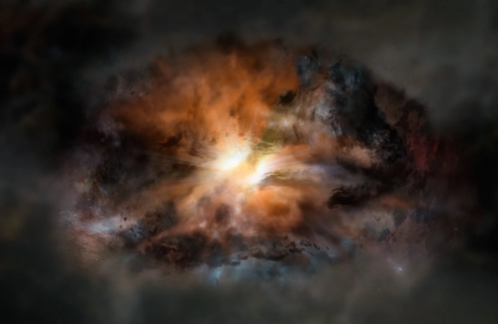 Artist impression of W2246-0526, a single galaxy glowing in infrared light as intensely as 350 trillion suns