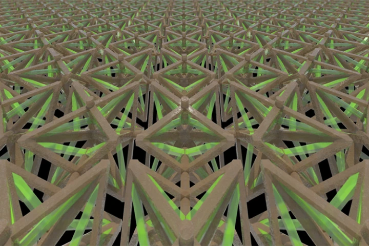 A bi-material microlattice structure, 3D printed from polymer and a polymer/copper composite material, can flex inward, causing the structure to contract when exposed to heat over a range of tens to hundreds of degree