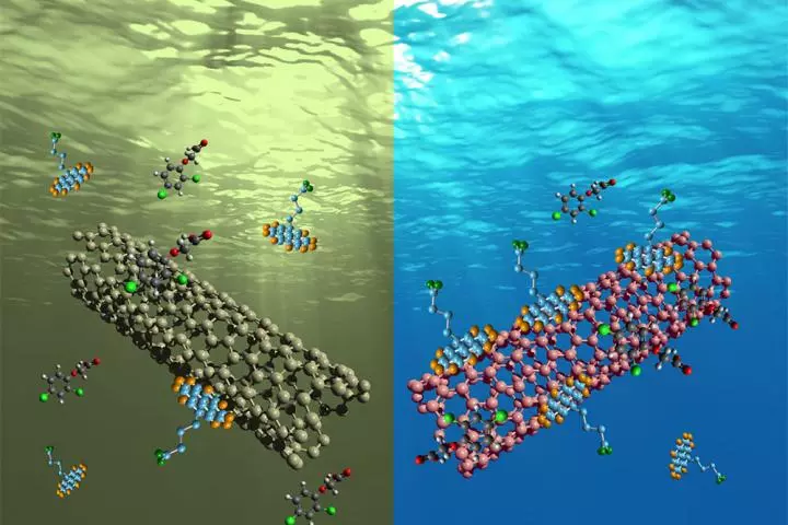 Organic pollutants stick to carbon nanotubes, while water molecules are repelled