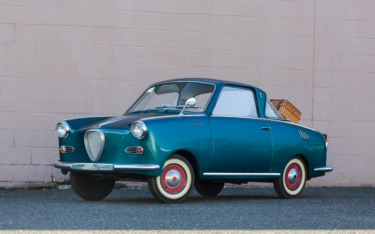 The 1963 Glas Goggomobil TS 250 Coupé is a cult car that has as many aficionados today as it had in its heyday of the 1950s when its 250cc two-stroke engine offered economical 50 miles-per-gallon motoring with a top speed of 59 mph. Introduced at the 1954 IFMA international bicycle and motorcycle show (technically, it shared more with motorcycles than cars), though its acceleration was somewhat leisurely, in that it required 27.9 seconds to accelerate to 50 mph (80 km/h). In 14 years of production, 280,000 Goggomobils were produced, and there are still Goggomobil clubs the world over. It sold for $22,000 at Bonham’s Scottsdale 2018 auction