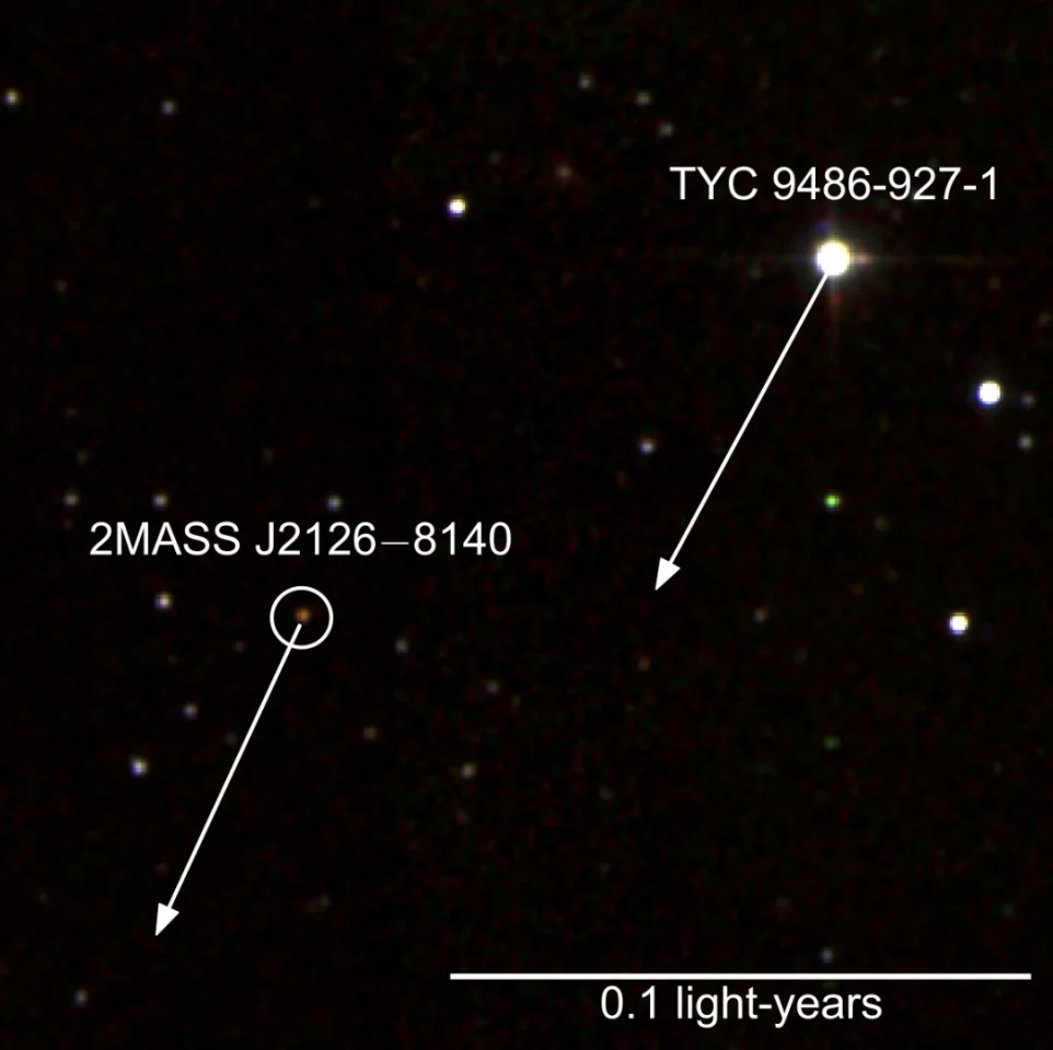 False colour infrared image of TYC 9486-927-1 and 2MASS J2126. Light from the star takes about a month to travel to the planet