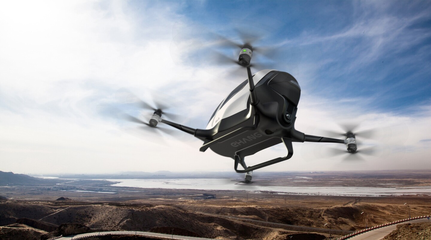 Crafted from a carbon fiber and epoxy composite with an aluminum alloy frame, the Ehang 184's top speed is listed as 130 km/h (80 mph)