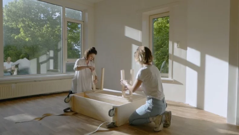 The entire Nest collection, comprising a shelf, bench, table, desk and bed, all come packed together