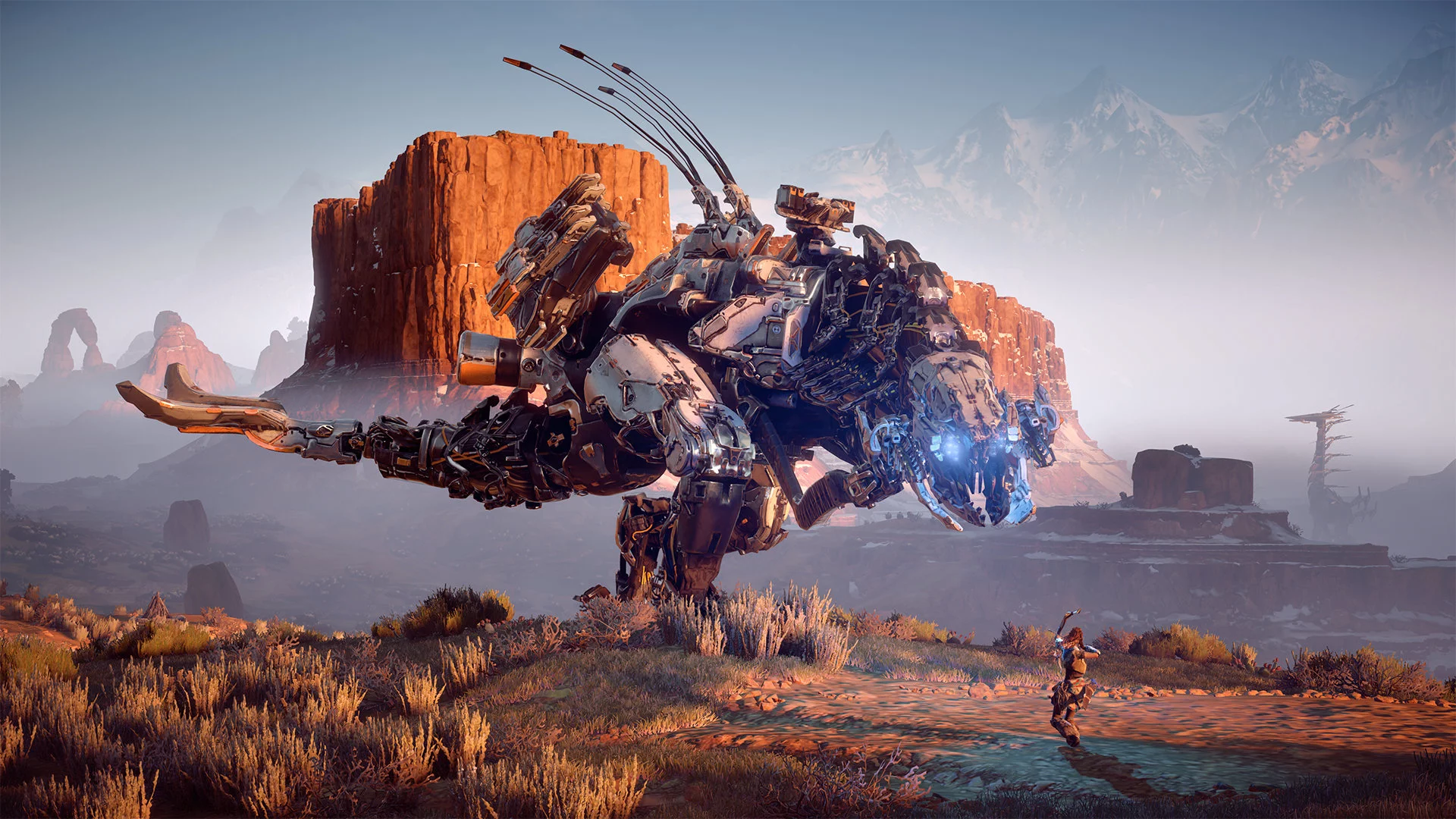 Horizon Zero Dawn has players hunting down robot dinosaurs in a gigantic open world