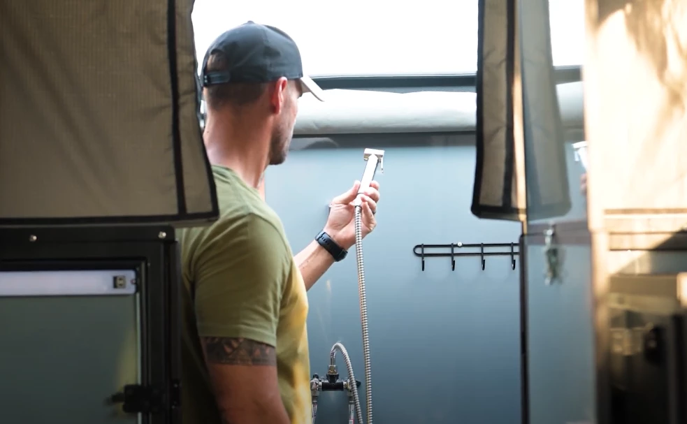 The Berg CX6 shower is located directly inside the front bathroom door