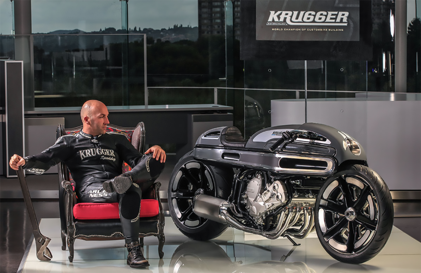 Bertrand's most recent win in the AMD Custom Bike Building World Championship was in 2014 where BMW's 1600cc straight six engine was used to create a custom named "nurb's." That's Krugger proprietor Freddie Bertrand seated with nurb's.
