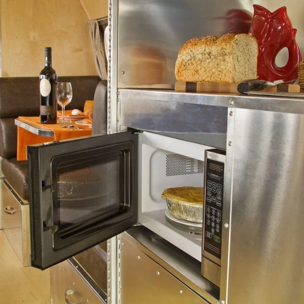 Though there’s no conventional oven, a microwave is standard