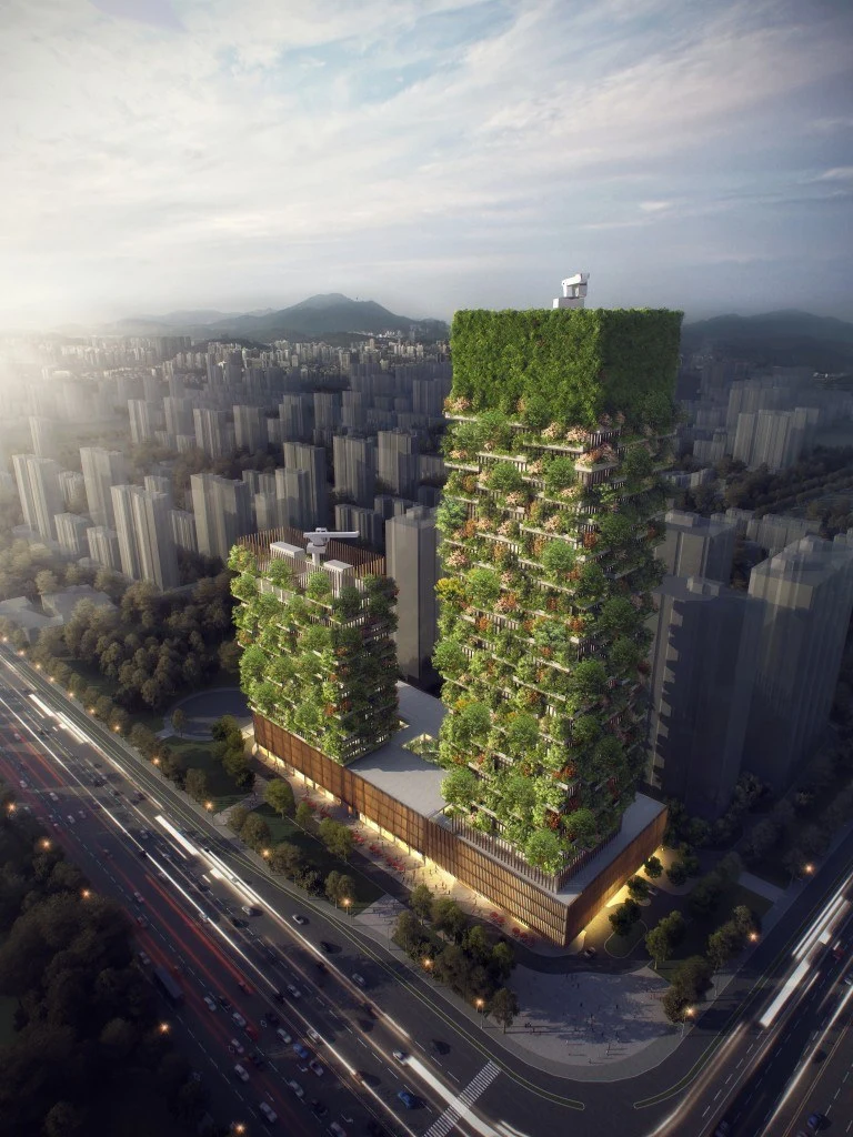 The Nanjing Vertical Forest project consists of a pair of towers atop a shared podium