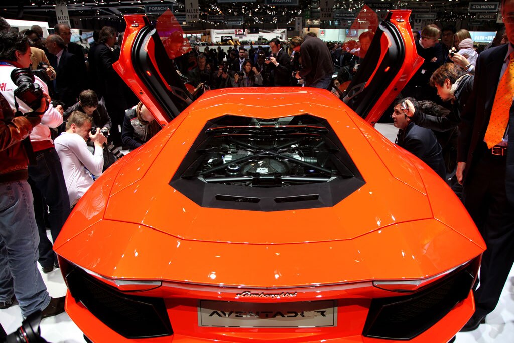 Lamborghini's new Aventador on stage at the Geneva Motor Show