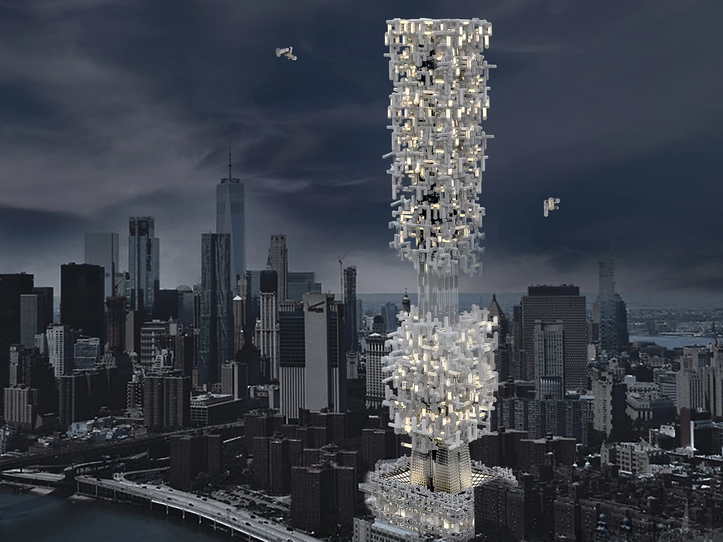 Silkworm Skyscraper: Self-Replicating Hotel was designed by Habib Shahhosaini, Zahra Alishi, Yasna Aliakbari, Sahar Rezaei, Kousar Panahi, Sara Soleimani, Soheyl Behbodi, Asma Irani and Armaghan Shoaei. It consists of a carbon fiber hotel that draws inspiration from silkworm cocoons and could expand itself if required