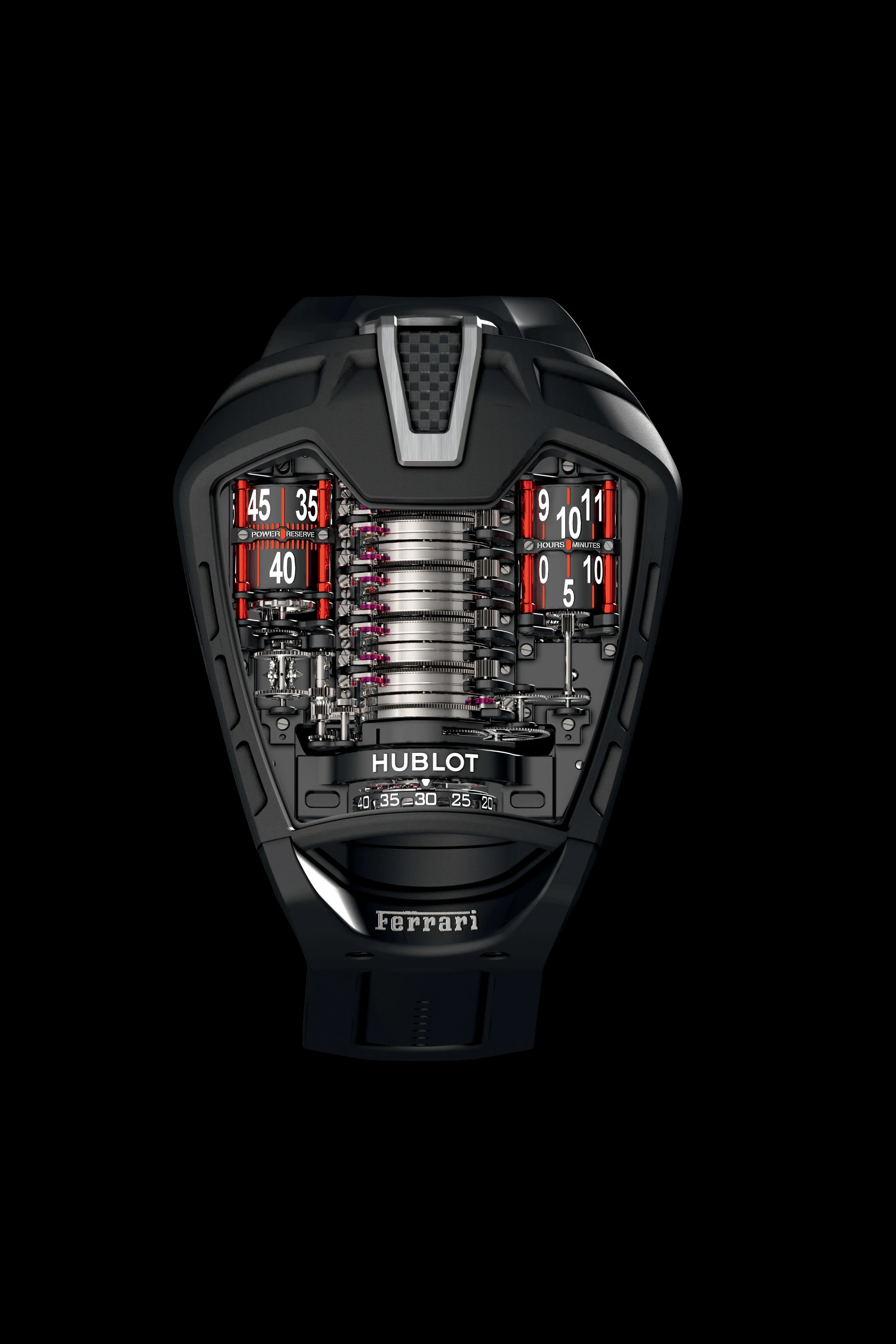 The MP-05 LaFerrari watch features a sapphire crystal face designed to resemble the outline of the Ferrari supercar