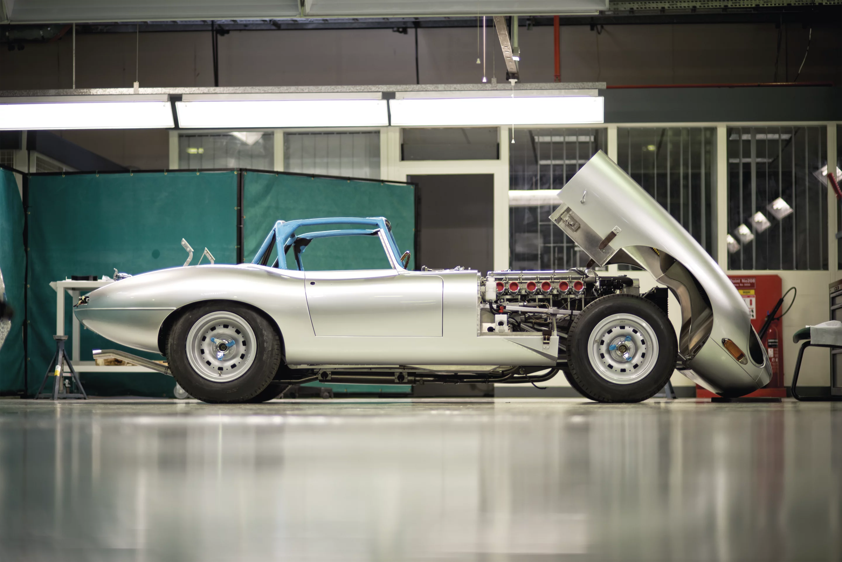 The Lightweight E-Type with the bonnet up