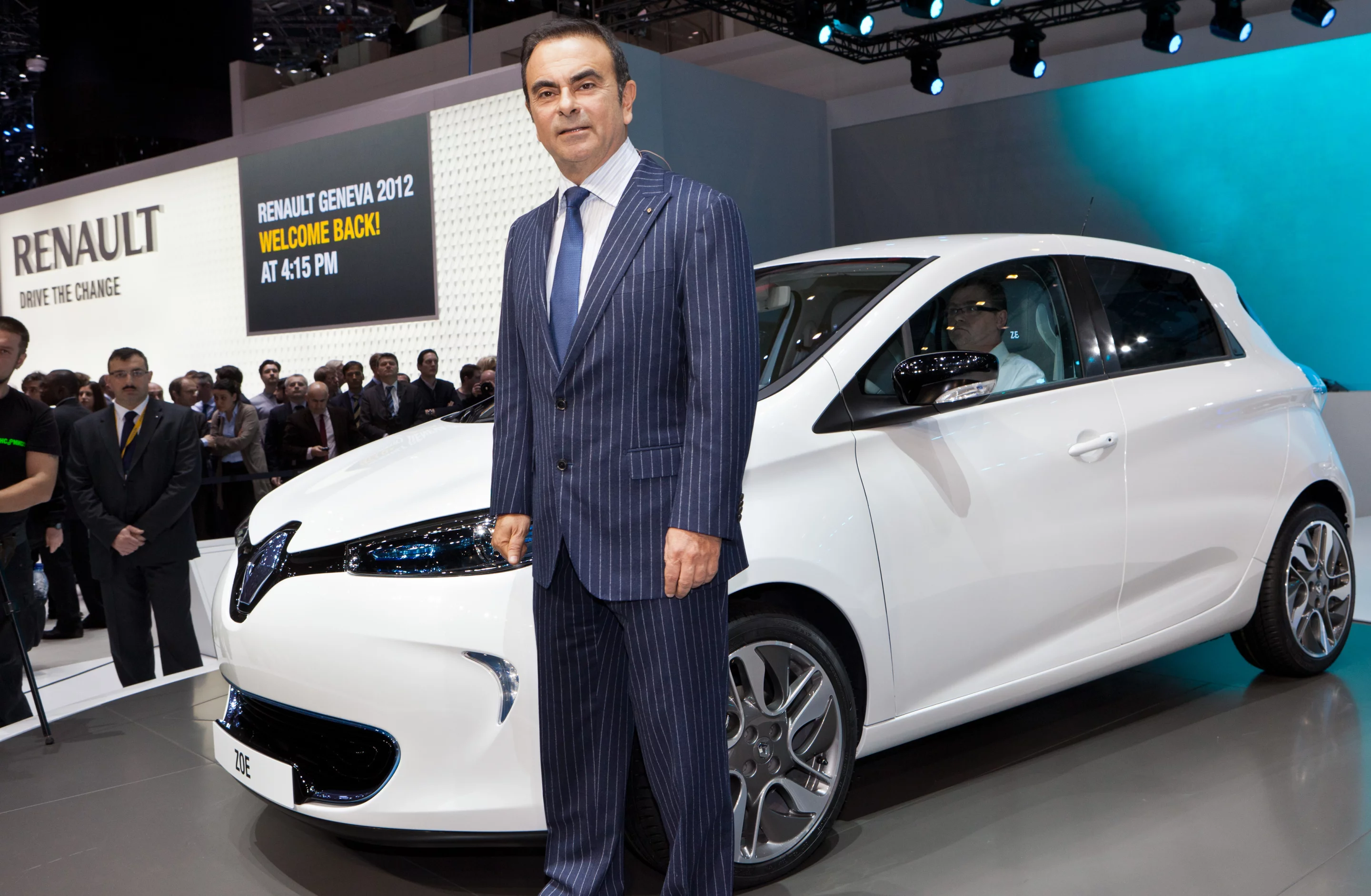 Carlos Ghosn, Chief Executive Officer of the Renault group next to the new Renault ZOE