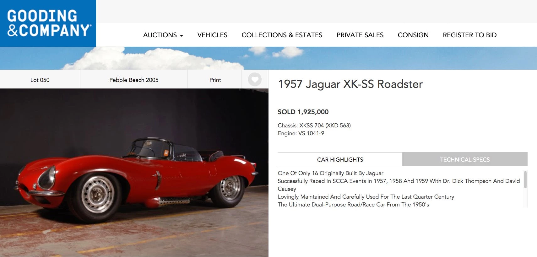 The last XKSS to sell publicly fetched $1,925,000 at Pebble Beach in 2005, selling with a spectacular provenance that included many successful in-period race starts in the hands of Dr Dick Thompson, "the flying dentist."