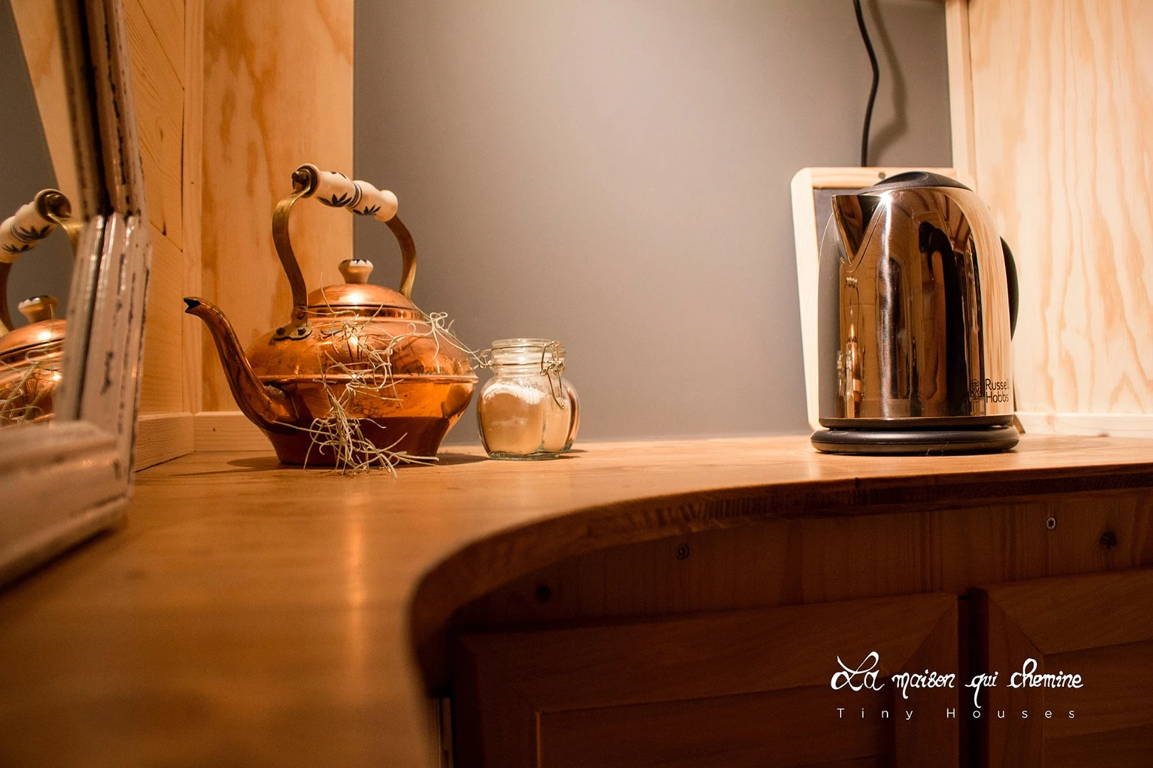 The tiny bookstore's kitchen area