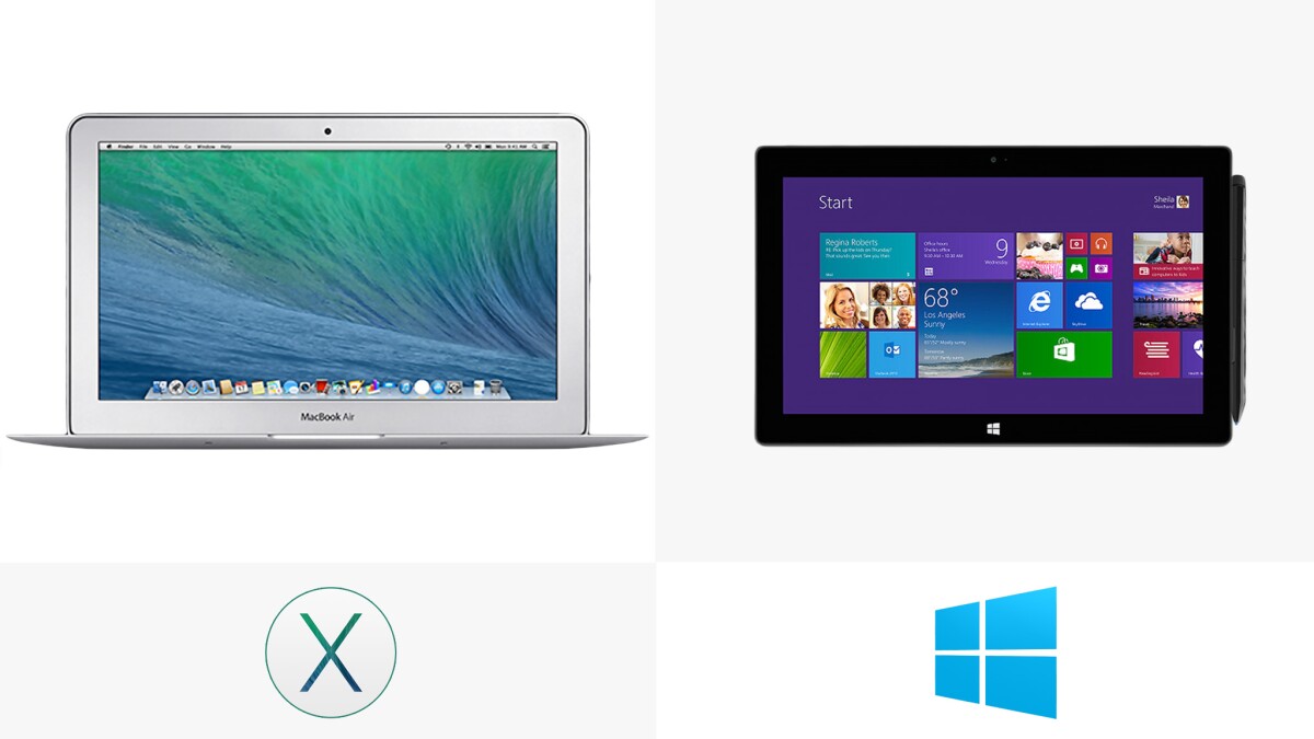 The MacBook Air runs OS X Mavericks, while the Surface runs Windows 8.1 Pro
