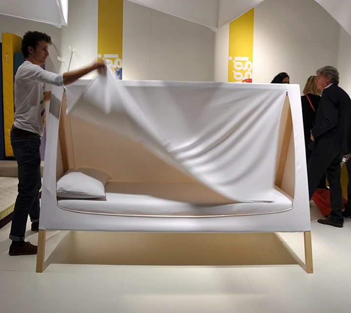 The unit appears to be a simple tee pee but it actually conceals a bed (Photo: Edoardo Campanale/Gizmag.com)