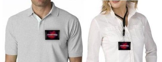 The Video Name Tag is a miniature OLED screen that displays advertising, that retail salespeople wear like a traditional name tag