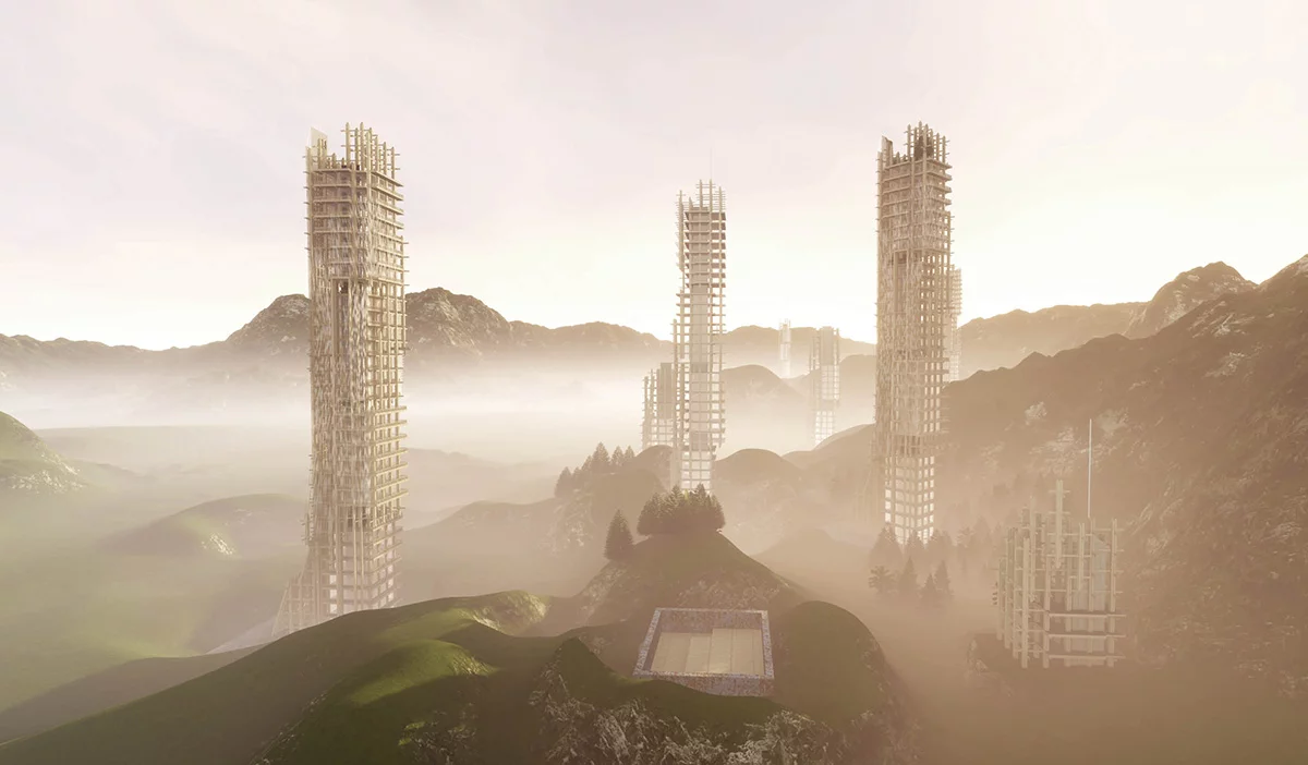 Jack And The Woodstock Skyscraper, by Amanda Gunawan and Joel Wong, calls for the construction of large wooden skyscrapers