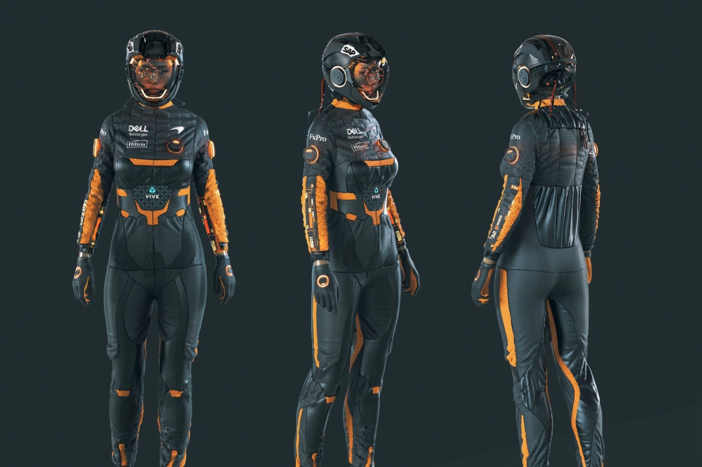 Race suits will need to have a compression element to keep the blood in the top half of the body during extreme G turns. Note also the holographic HUD display