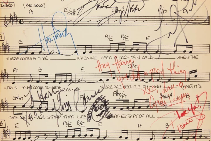 Signed and annotated by a who's who of American recording artists, this musical score represents a spirit that cannot be subjugated by geopolitics