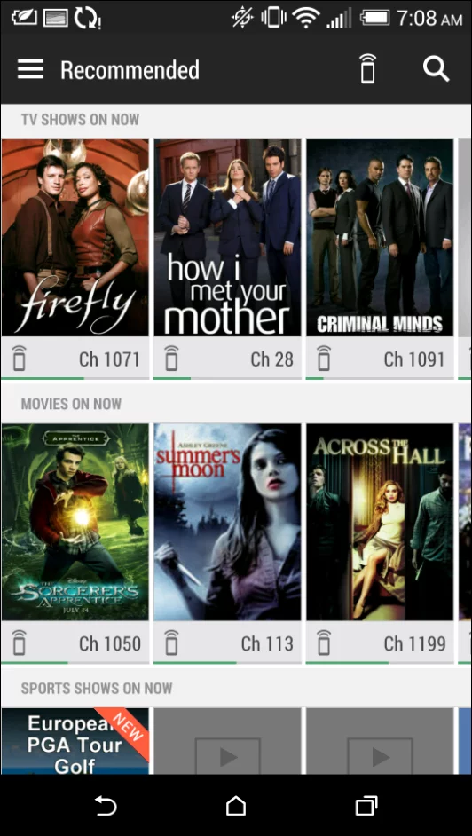 Once HTC Sense TV is set up navigating to channels is simple
