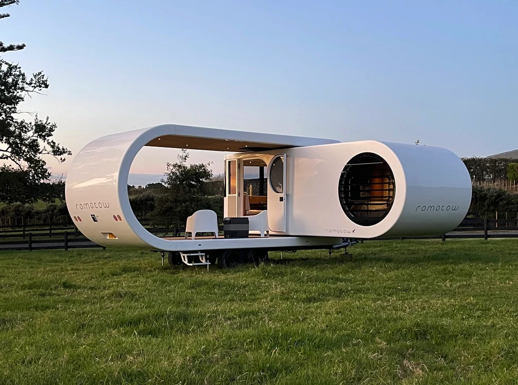 The Romotow rotates into camping form via an automated hydraulic system