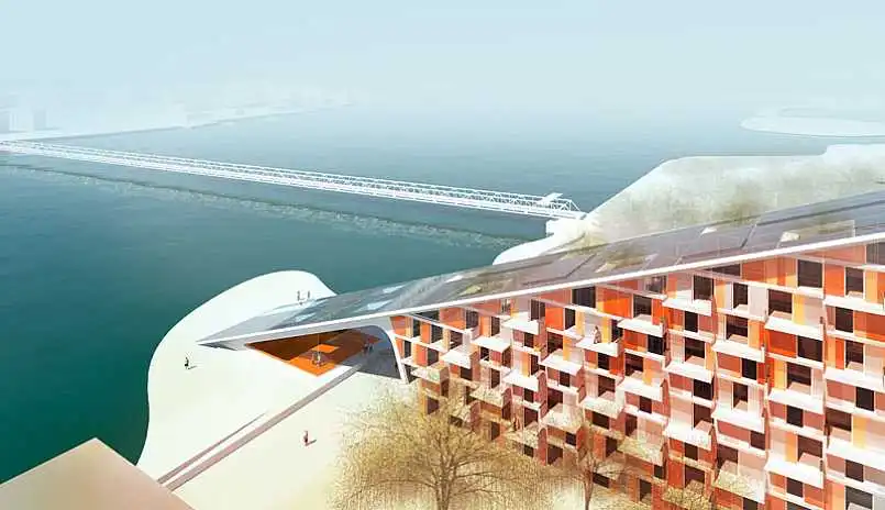 Proposed for the Aalborg Waterfront in Denmark, a new housing development would feature 60 apartments, from 4 to 12 stories high, all supplied with a 100 percent renewable energy source (Image by C. F. Moller Architects)