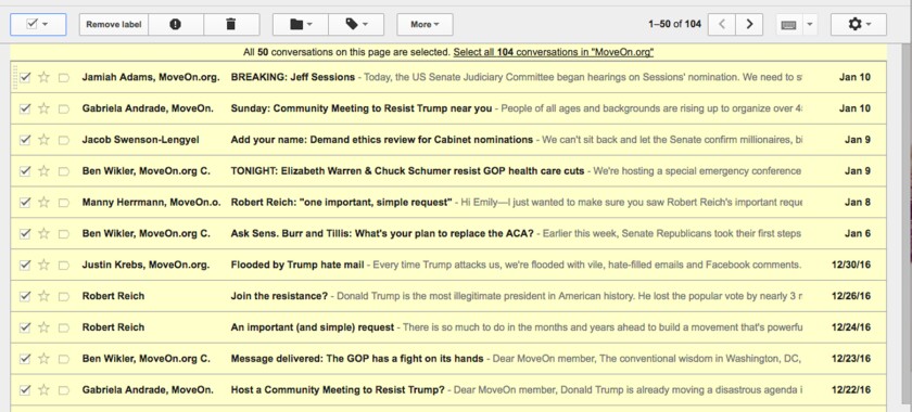 If there are more messages than fit on one page, choose the "Select all X conversations" link