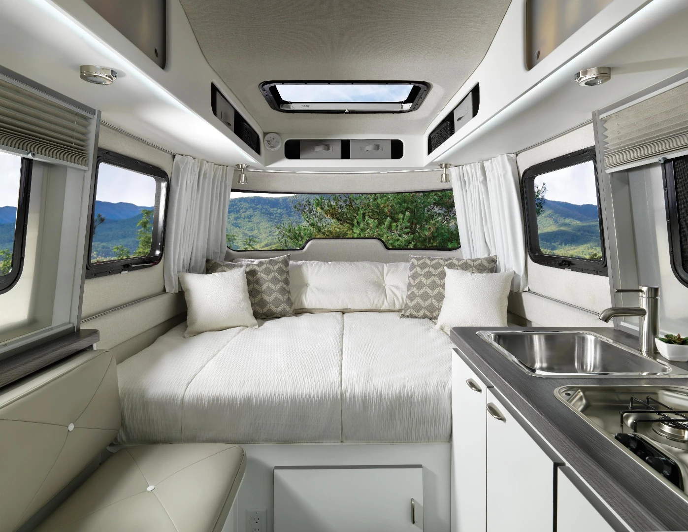 The Nest kitchen comes equipped with sink, dual-burner stove, fridge and microwave