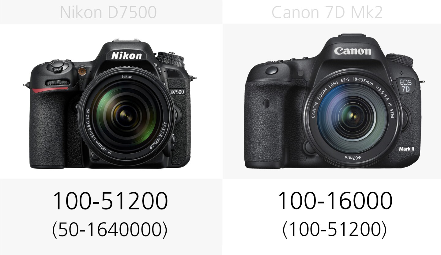 The ISO ranges of the Nikon D7500 and Canon 7D Mark II compared