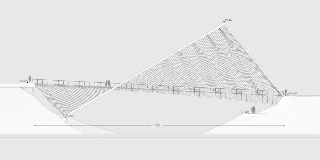 Two thirds of the bridge is suspended in order to span the entire width of the River Irwell, while the final third is supported by column (Image: penda)