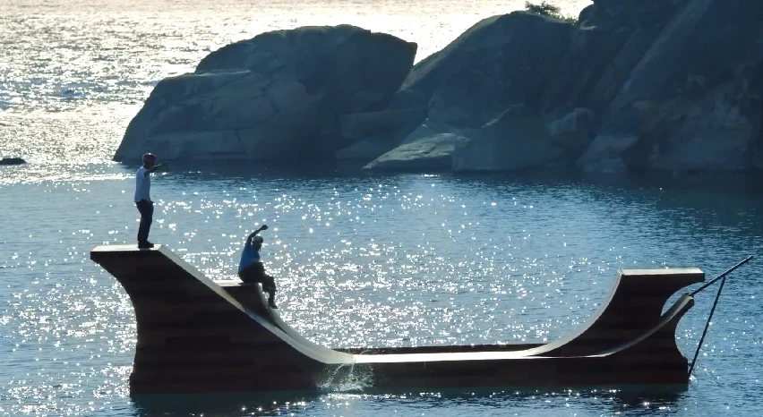 During filming, a snorkeler was on hand to dive into the water and retrieve Burnquist's board every time it went over