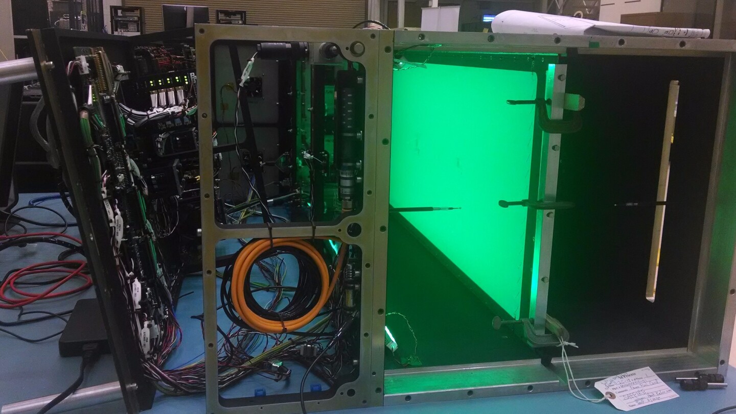 The pre-flight Saffire-I lit by green LEDs as it was during flight.