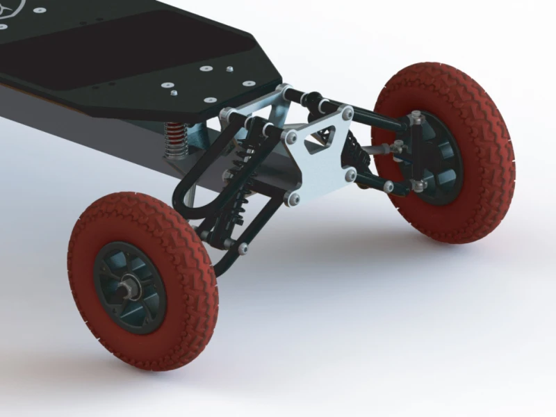 Instead of being mounted on traditional trucks, each of the Gila Board's wheels is connected to its own set of pivoting struts and a coil-over shock absorber