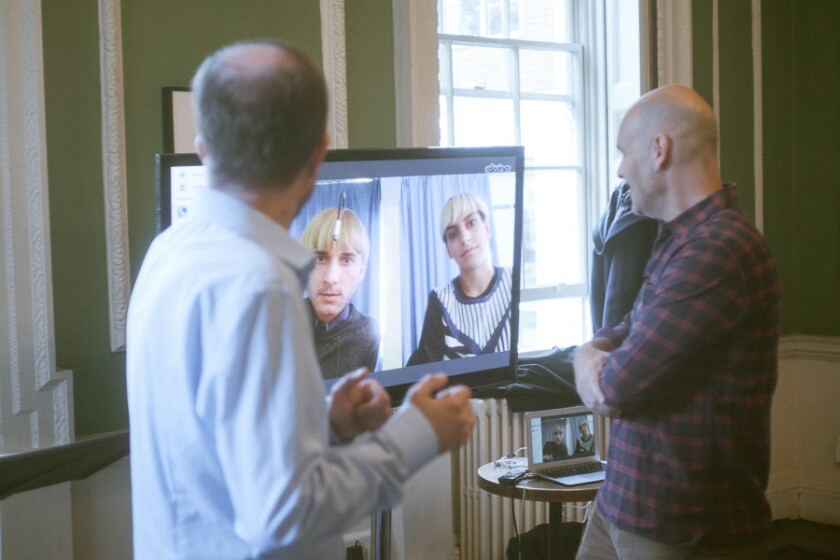 Co-founders Babitz and Scott Cohen video-conferencing with Neil Harbisson and Moon Ribas
