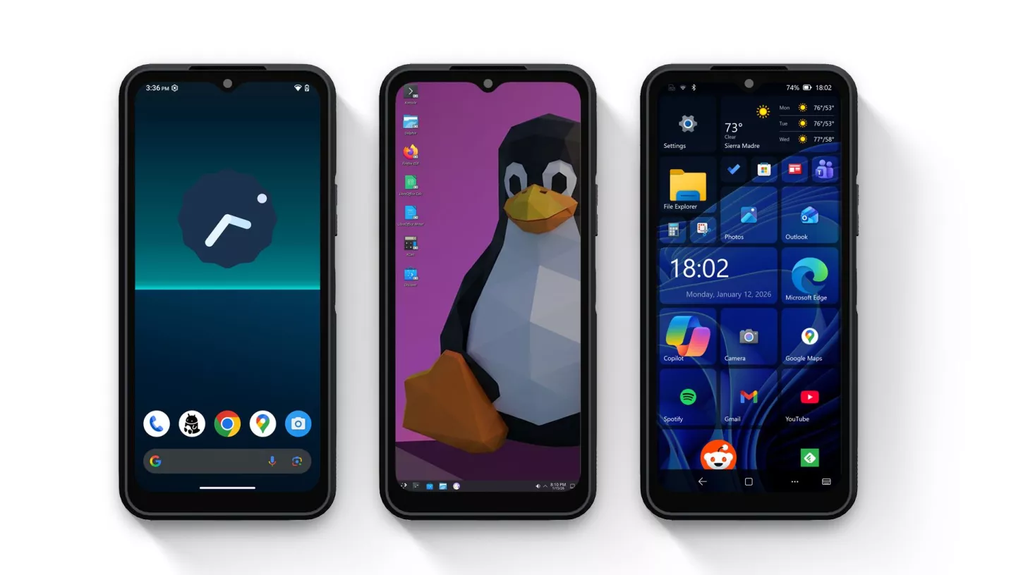 NexPhone running its three modes: Android for daily phone use, Linux for desktop tools, and Windows for full PC workflows