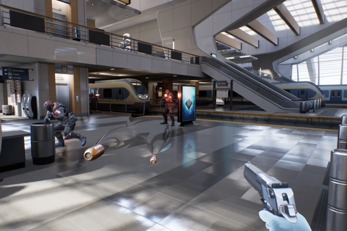 Slowing down time and teleporting around a train station in Epic's Bullet Train
