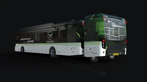 A render of a bus with the hydrozine trailer attached