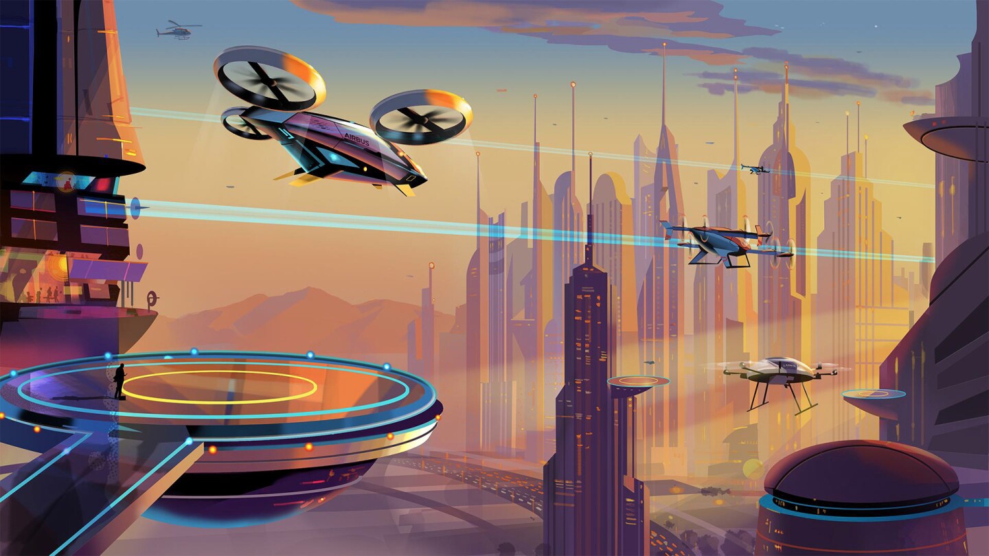A slide from Paul Eremenko's presentation Building the Third Golden Age of Aerospace. Three distinct air vehicles can be seen in the presentation slide, being the four-passenger CityAirbus (front left), Verhana ((middle right) and a last-mile delivery Octacopter from the Skyways Project (bottom right).