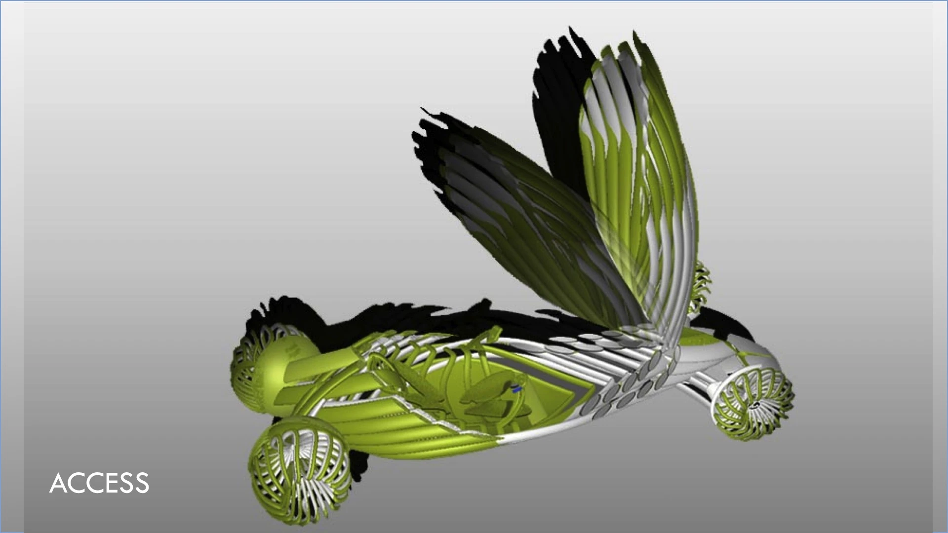 The Changfeng Motor Corporation entry for the 2013 LA Auto Show Design Challenge "resembles a grasshopper, capable of running, jumping, climbing, swimming and also the ability to squeeze between narrow openings"