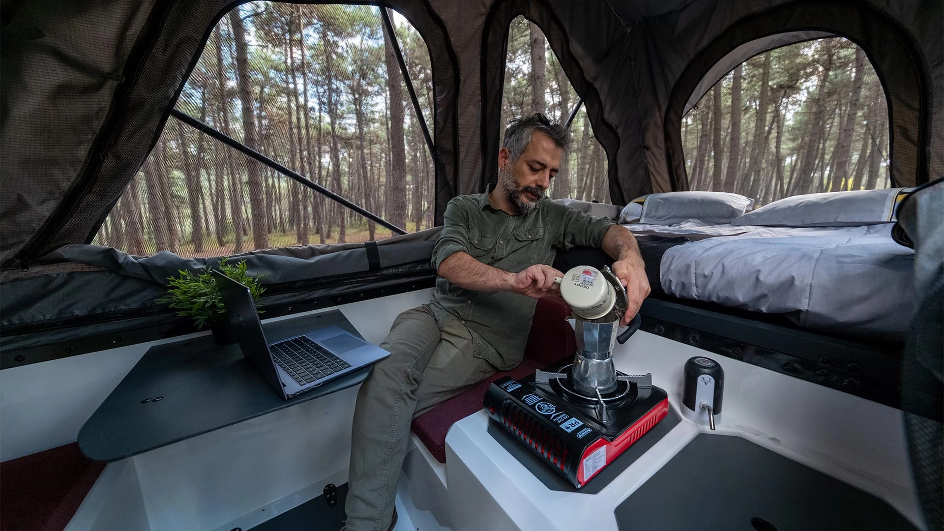 The Atlas Urban Edition comes with an interior that includes a kitchen with light sink and portable single-burner stove