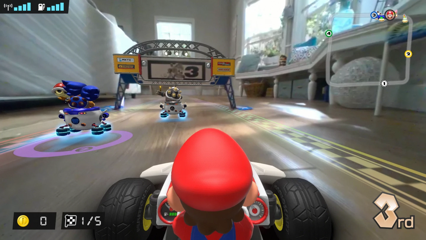 In Mario Kart Live: Home Circuit, players set up four gates around their living room to create whatever track they want