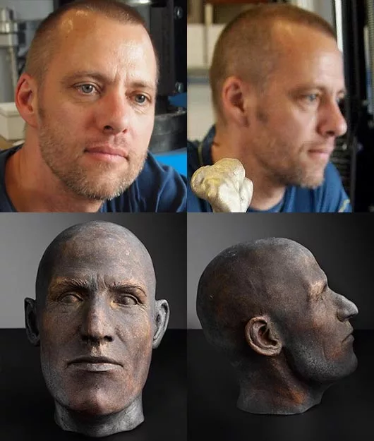 Caspar Berger's current likeness (above), and the bronze casting of an anthropologist's facial reconstruction based on Berger's skull (below)