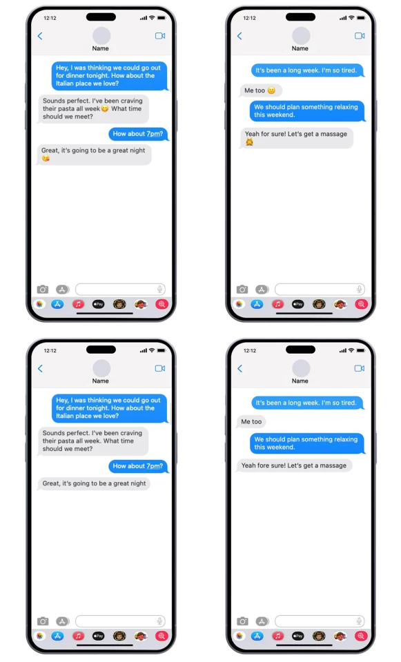 Identical sample texts from the study with emoji (top) and without emoji (bottom)