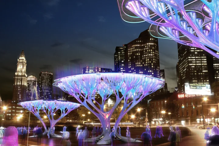 At night, multi-color lighting enhances the beauty of the Treepods structures