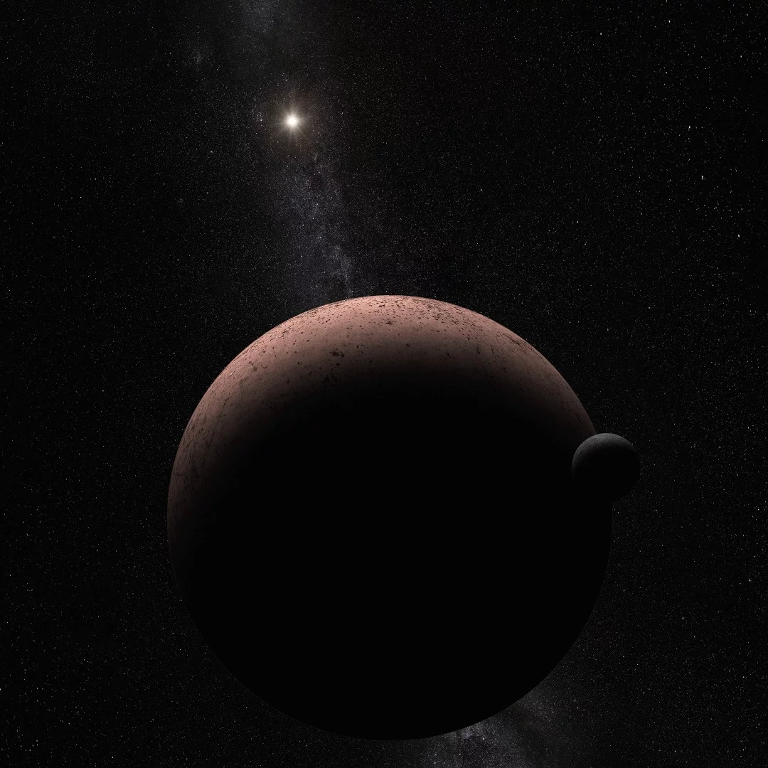 Artist's impression of the newly-discovered moon S/2015 (136472) 1 orbiting the dwarf planet Makemake