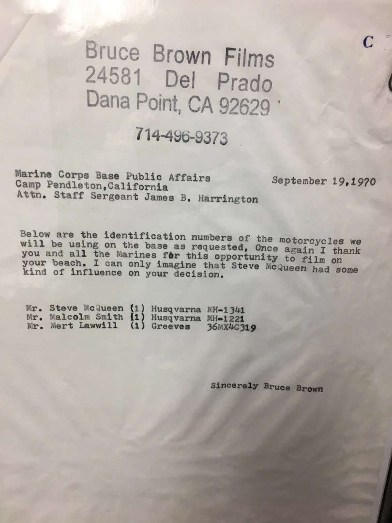 This letter, provided by Nancy Brown, daughter of filmmaker Bruce Brown, was the evidence required to prove that Husqvarna #MH-1341 was the motorcycle used in the filming of On Any Sunday.