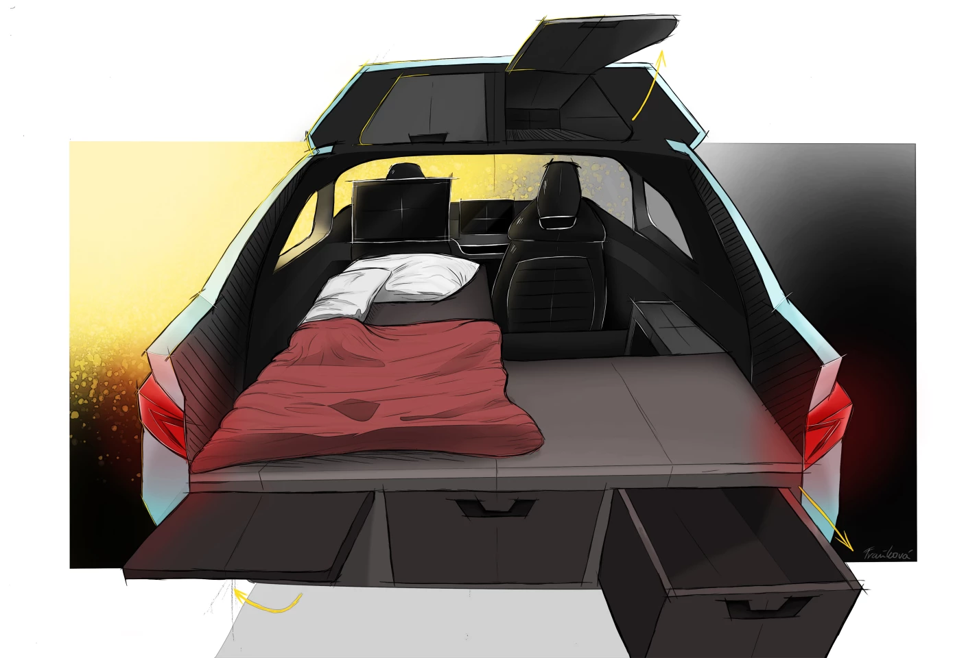 The interior is designed for a combination of mobile productivity and overnight camping