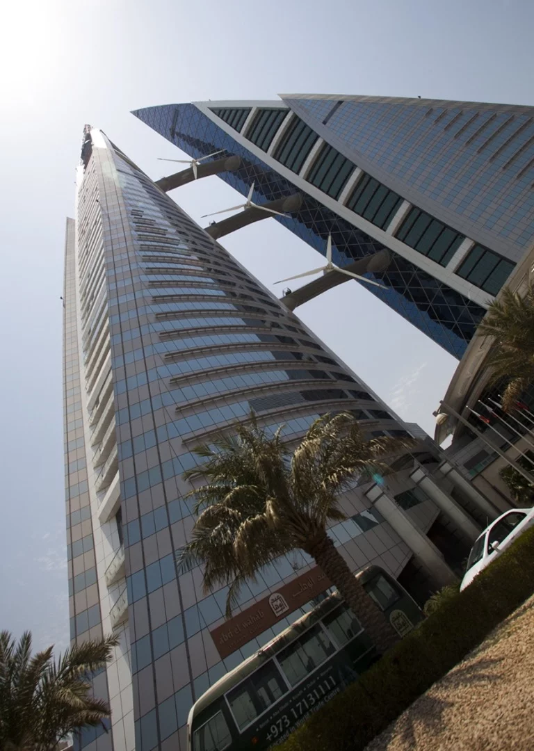 Completed in 2008, the Bahrain World Trade Center incorporates wind turbines in between its two towering spires